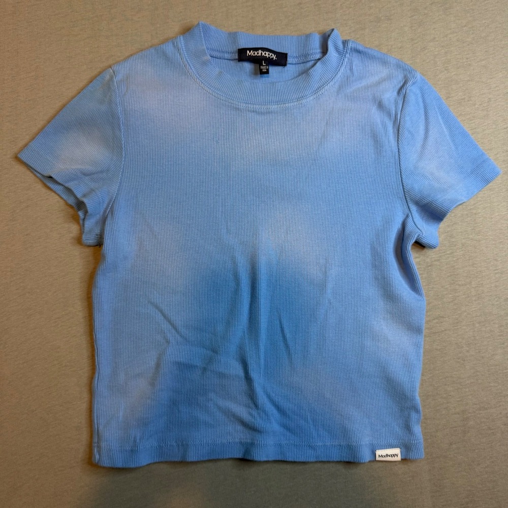 Madhappy Blue Cloud Wash Ribbed Baby Tee Short Sleeve Crop Top Large USA Made